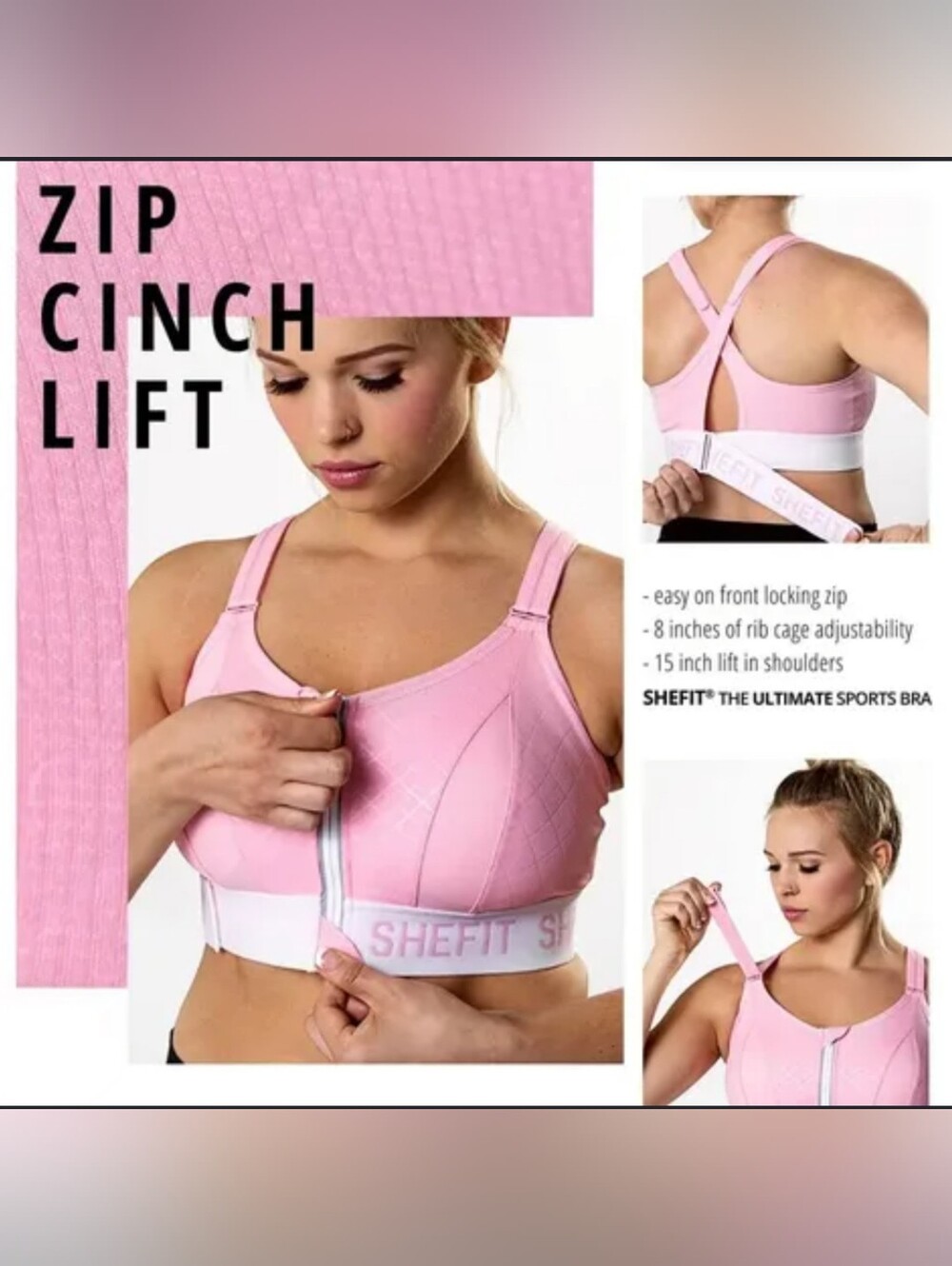 SHEFIT Ultimate Sports Bra Pink "Confident" Adjustable High-Impact Women's 2LUXE - Picture 4 of 14